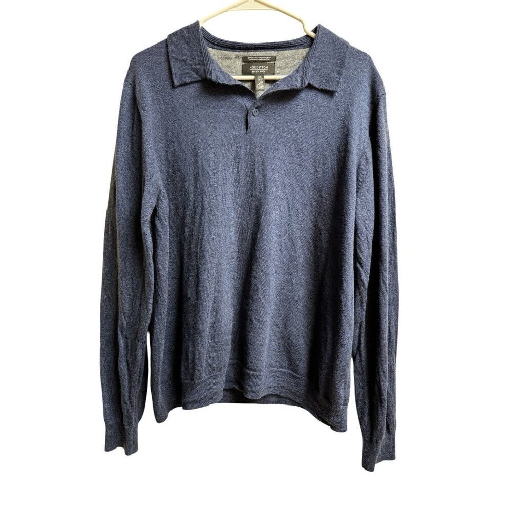 Nordstrom Mens Merino Wool Knit Polo Sweater Blue Gray XL Lightweight